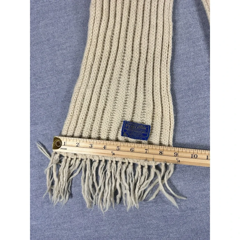 Vintage Pendleton Scarf 100% Virgin Wool Rib Knit Cream Fringe Made USA